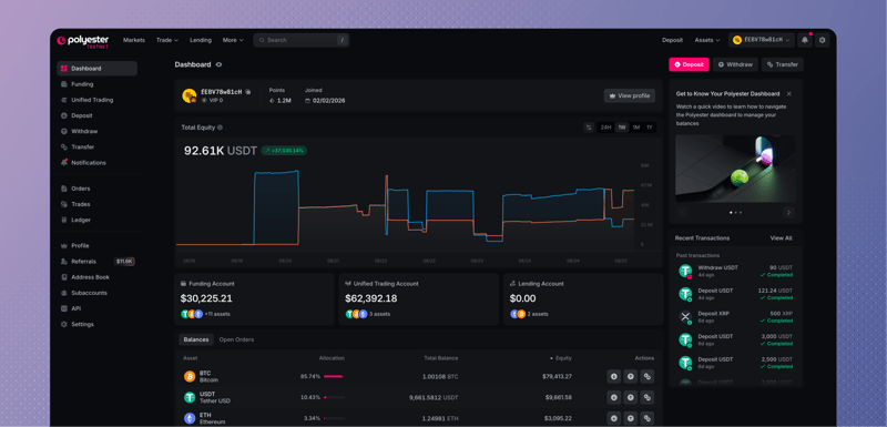 Dashboard with total equity, account cards, balances, and recent transactions