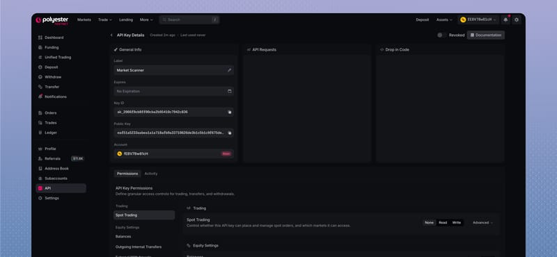 API Key Details with Spot Trading permissions