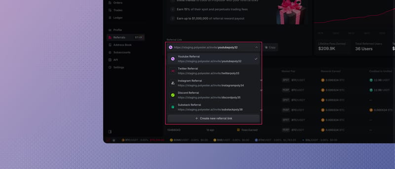 Referral Link selector with named YouTube, Twitter, Instagram, Discord, and Substack links