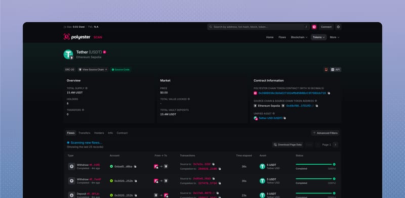 Zipped USDT on Ethereum Sepolia with contract details, vault deposits, and Flows