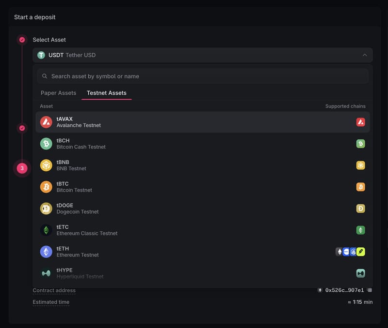 The Testnet Assets tab showing assets from their respective blockchain test networks.