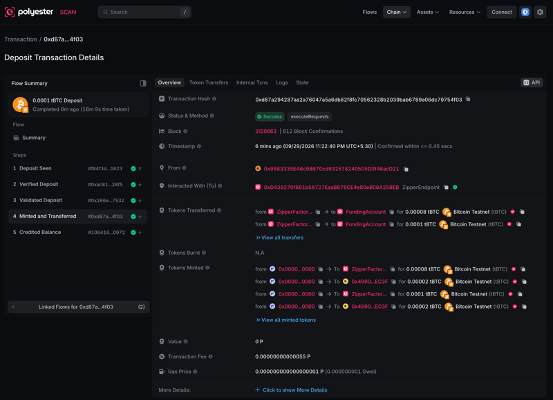 Deposit transaction detail beside its Flow summary and linked lifecycle steps