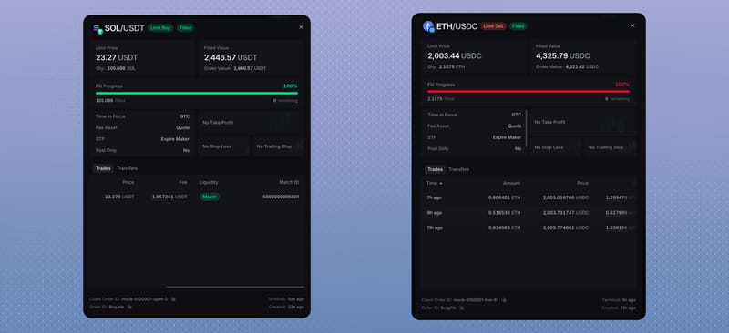 Order details for a filled Limit order, including fills, fees, and Order IDs
