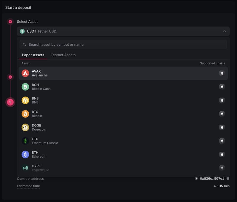 The Paper Assets tab in the deposit selector, listing BTC, BCH, DOGE, ETC, and other practice assets.