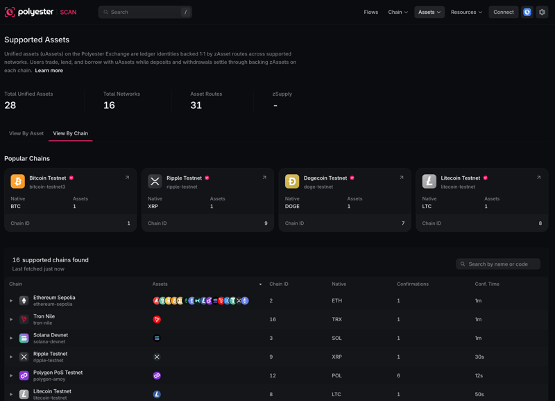 Supported Chains view featuring Bitcoin, Ripple, Dogecoin, and Litecoin test networks