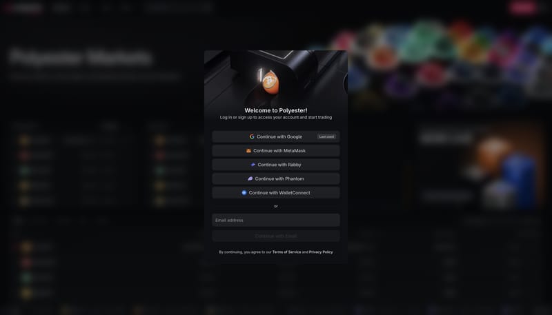Polyester sign-in with Google, MetaMask, Rabby, Phantom, WalletConnect, and email options.