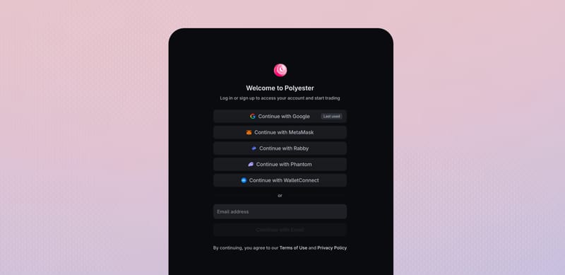 Welcome to Polyester login with Google, wallet, and email options