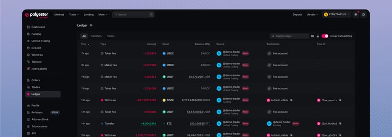 Ledger with All, Transfers, and Trades tabs, grouped entries, and Flow IDs