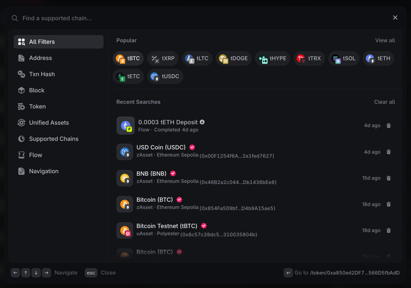 Global search with filters, popular assets, and recent searches