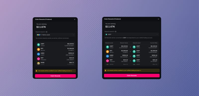 Claim Rewards dialog with Native asset and USDT conversion