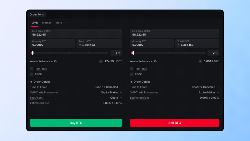Order detail for a filled BTC/USDT Limit Buy, with fill progress and transfers