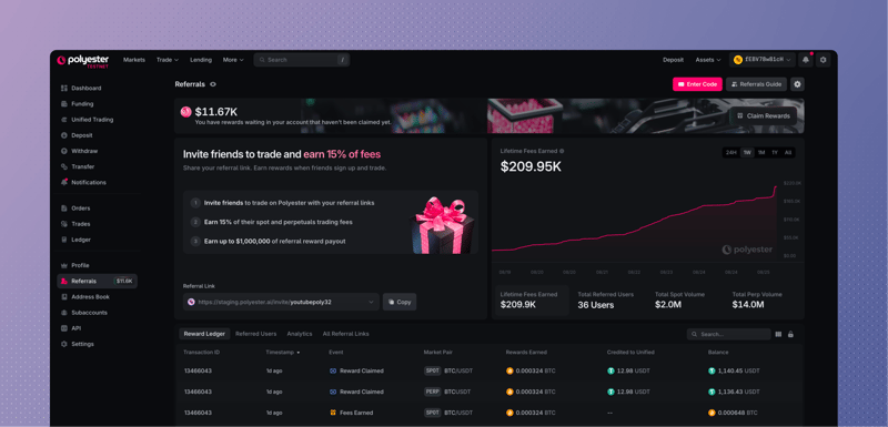 Referrals page with invite copy, lifetime stats, and Reward Ledger