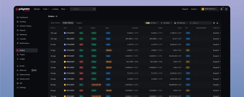 Order History with filled and canceled orders