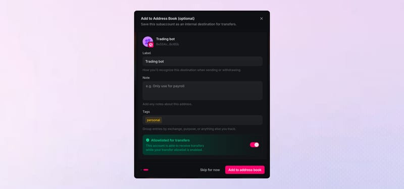 Add to Address Book after creating a Subaccount