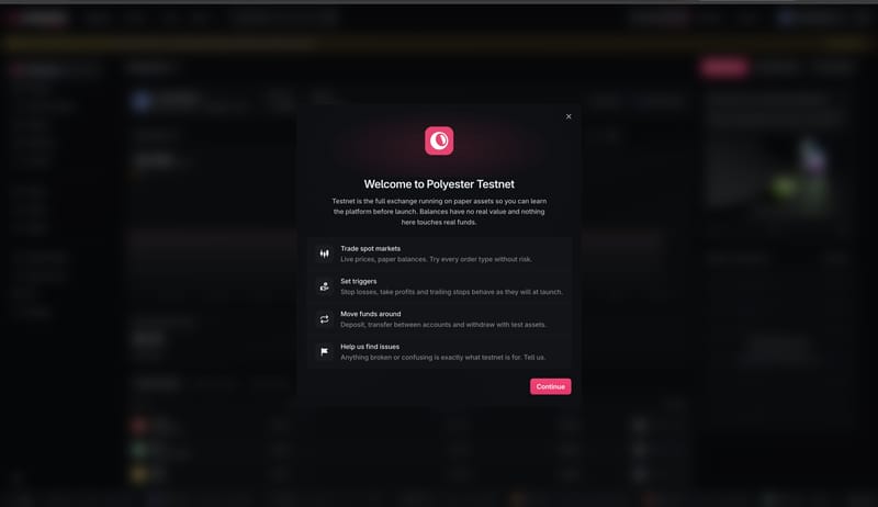 The Polyester Testnet welcome screen introducing spot trading, triggers, transfers, and feedback.
