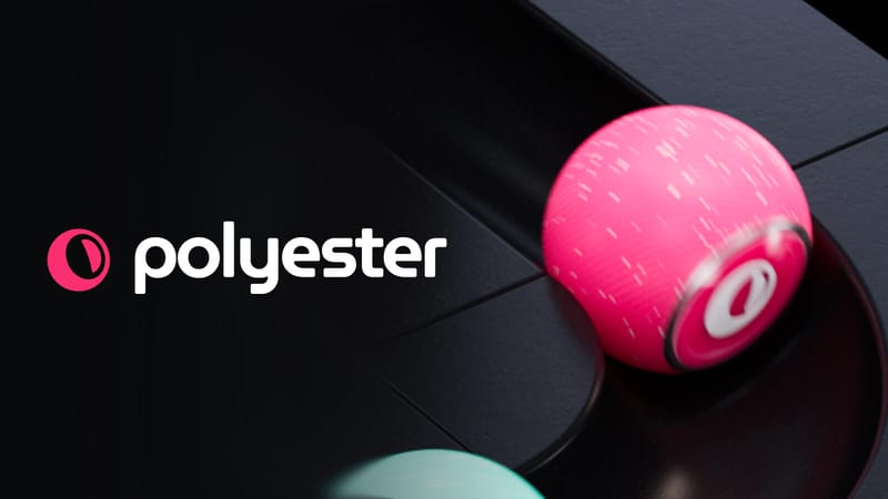 Polyester logo beside a glowing pink ball on a black surface
