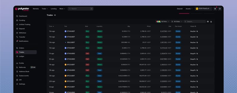 Trades showing fills, maker or taker liquidity, fees, and Order IDs