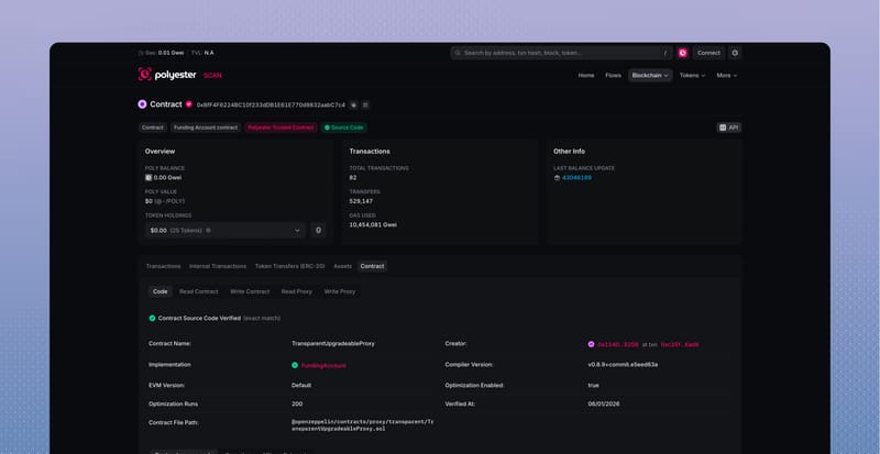 Verified Funding Account contract with source match, compiler, and proxy details
