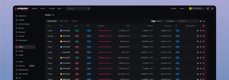 Open Orders with working limit orders, fill progress, and row actions