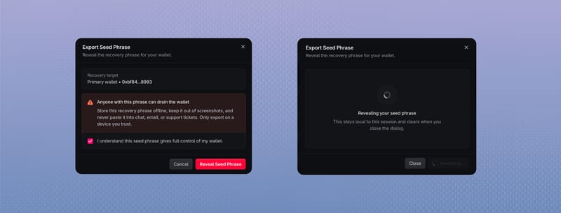 Export Seed Phrase dialog with the warning and reveal states