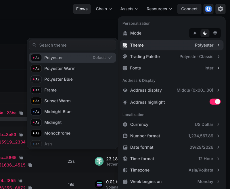 Personalization menu showing appearance, address display, and localization controls