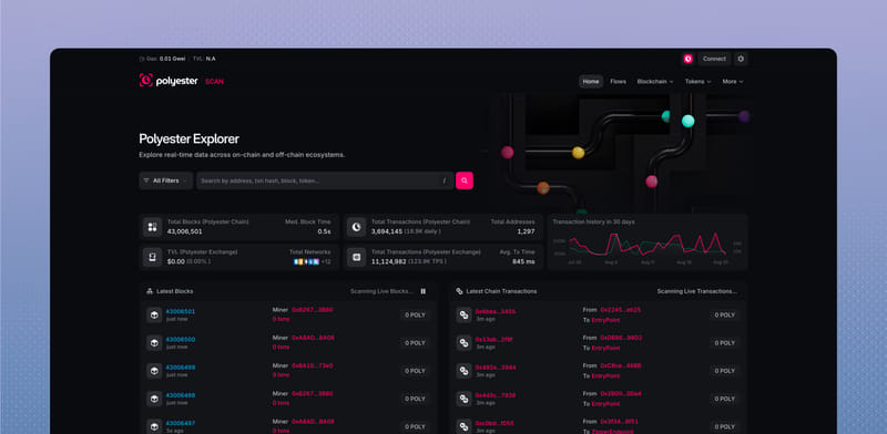 Polyester Scan home with search, network summaries, latest blocks, and latest transactions