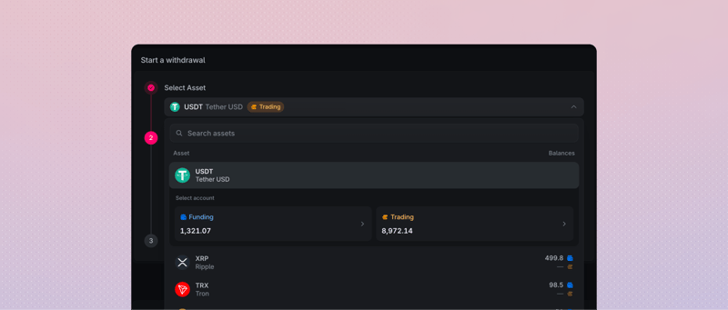Withdraw dialog with USDT and Trading selected