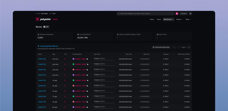 Blocks list with age, transactions, fee recipient, gas, and base fee