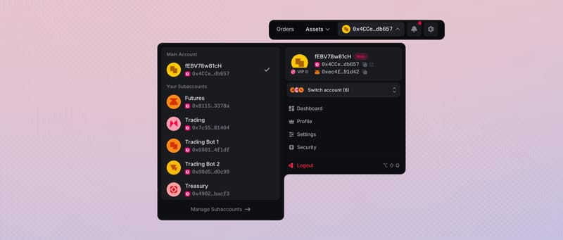 Account menu with Main Account identity and Security