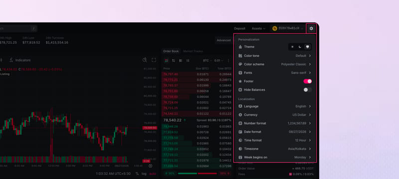 Settings menu opened from the gear in the top nav