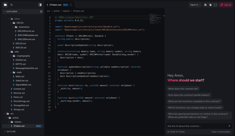 ZToken contract source with file explorer, Solidity code, and the Code Assistant panel
