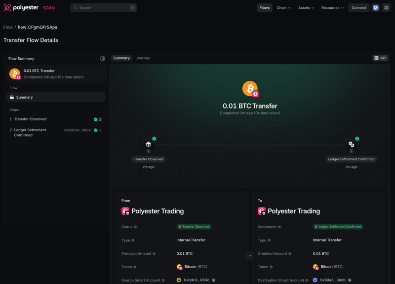 BTC Transfer Flow showing transfer observation and confirmed ledger settlement