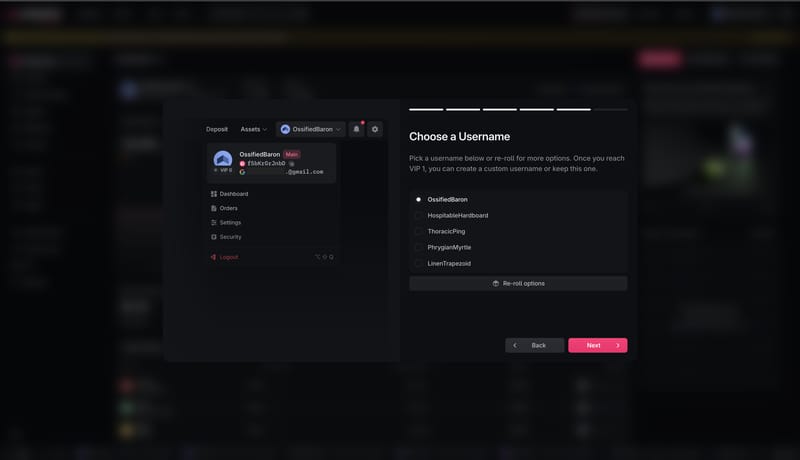 The onboarding screen showing suggested usernames and the option to re-roll.