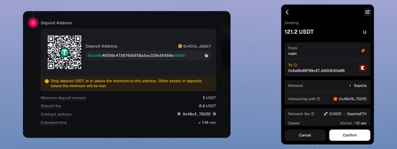 Deposit address with QR code, minimum, fee, and estimated time