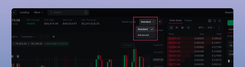 Trading Layout set to Standard, with Advanced in the menu