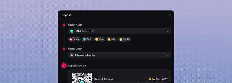 Deposit dialog with Select Chain, fees, and arrival times