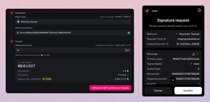 Withdrawal review with wallet signature request