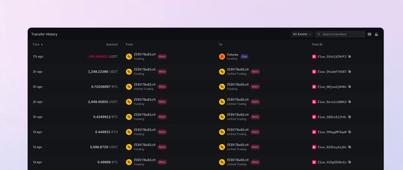 Transfer History with amount, source, destination, and Flow ID