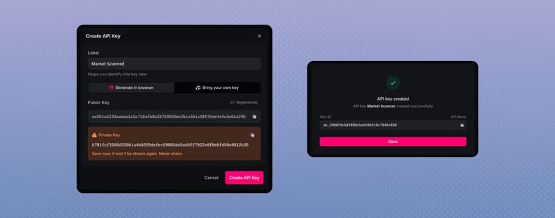 Create API Key with Generate in browser, then the created Key ID
