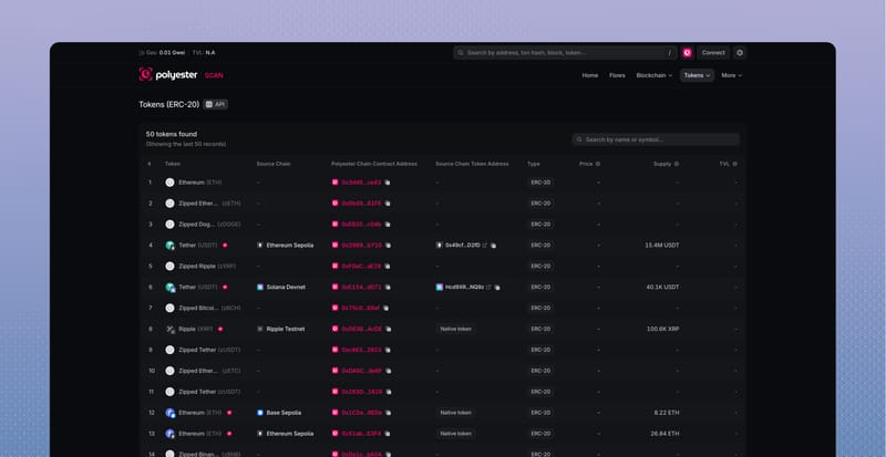 Tokens directory with ERC-20 and Zipped Asset routes, contracts, and supply