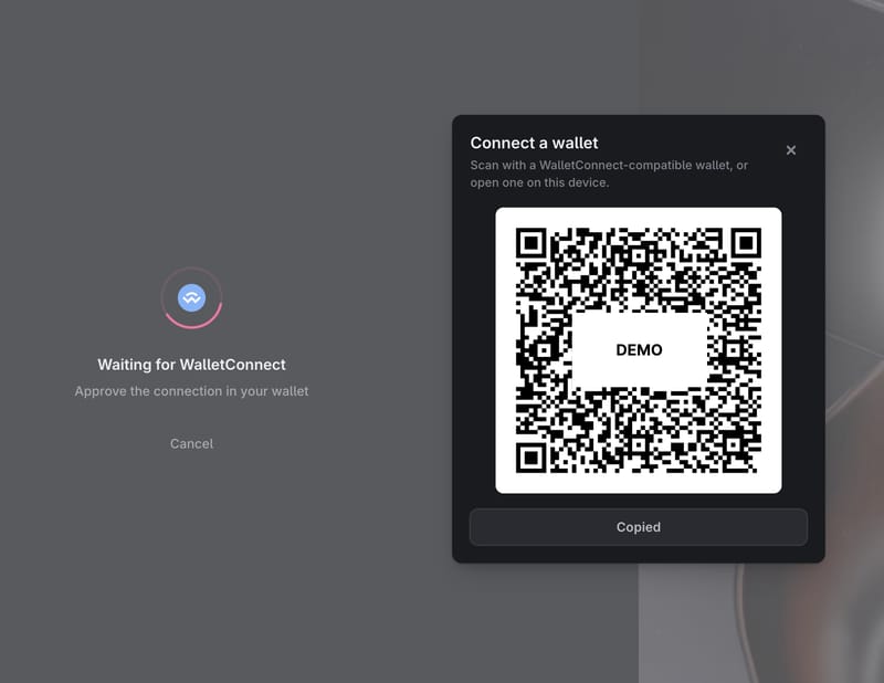 WalletConnect QR code and waiting for approval